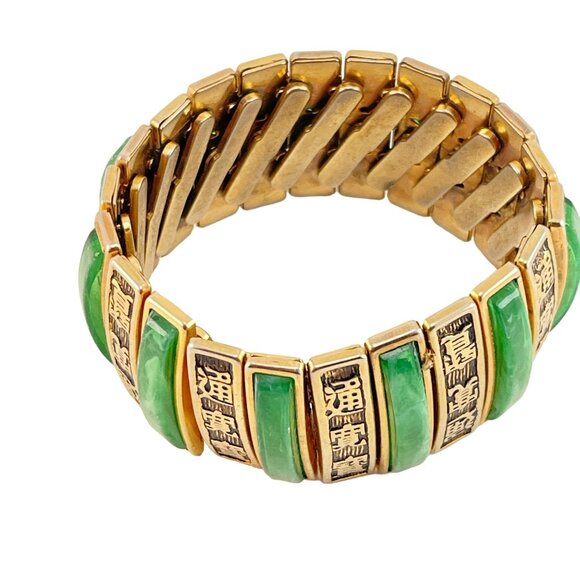 Expansion Cuff Green Marbled Bracelet, Good Luck Symbols, Lucite, Vintage, Mid C - Picture 3 of 6